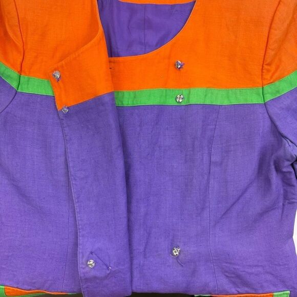 VTG Helene D Collection Linen Colorblock SS Jacket Jeweled Buttons FLAWS 14 - Picture 4 of 16